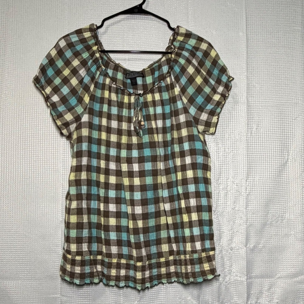 Nine West Jeans Blouse Cotton Plaid Smocked Hem Peasant Top Boho L